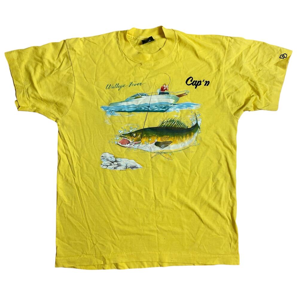 Vintage 80s Walleye Fever Fishing Shirt Single Stitch VTG Large Yellow Captain